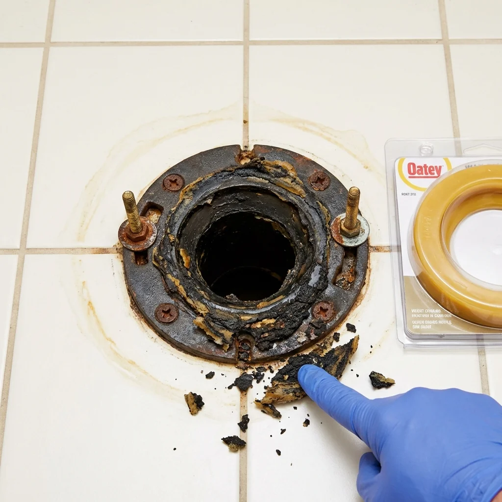 Failed wax ring showing water seepage at the base of a toilet in a Hazlehurst, GA home