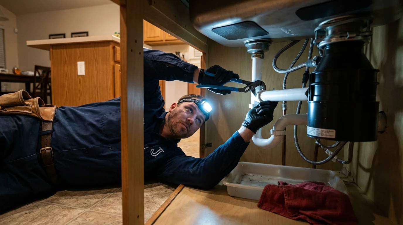 P-trap and supply line connections under a kitchen sink showing a common leak point in Hazlehurst, GA